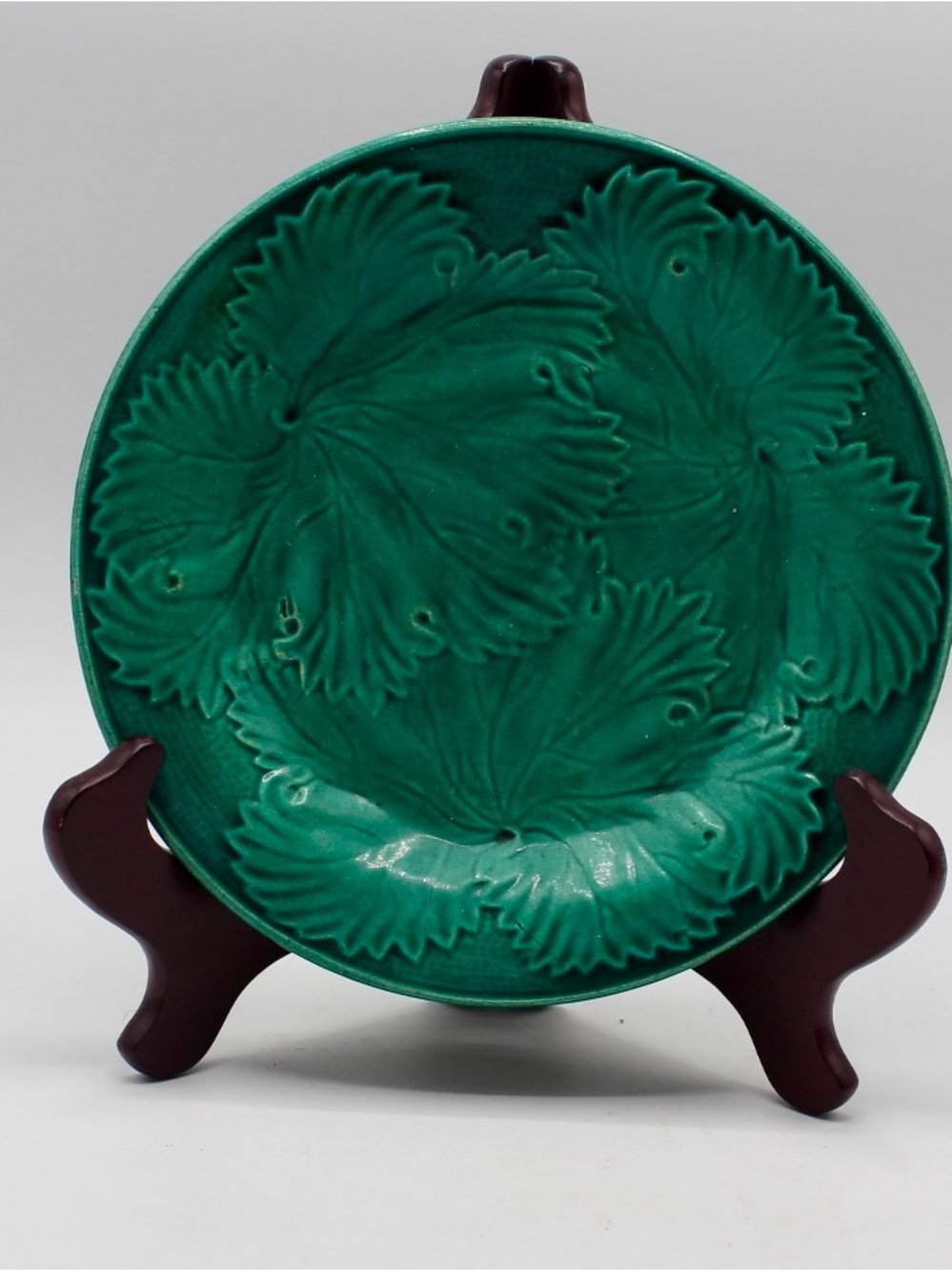 Antique Green Majolica Plate, Cabbage Leaf Design 8"